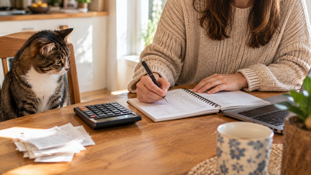 Person writing pet insurance budget numbers in a notebook with a cat sitting nearby