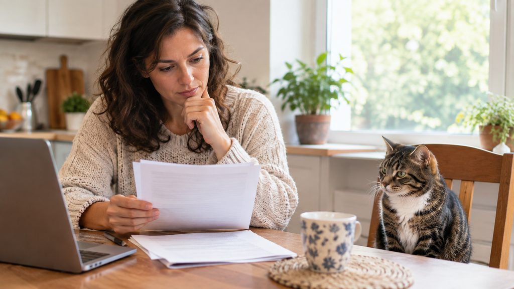 Cat owner reviewing a printed insurance document at home while the cat watches nearby