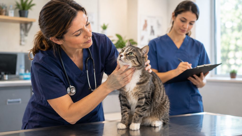 Veterinarian examining a cat during a routine checkup