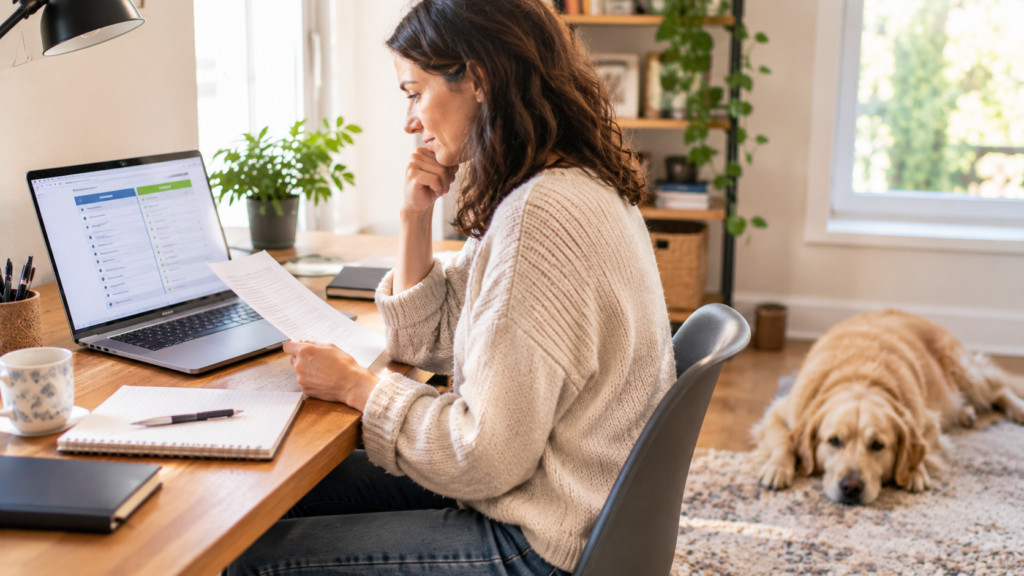 Pet owner comparing pet insurance providers on a laptop with a dog resting nearby