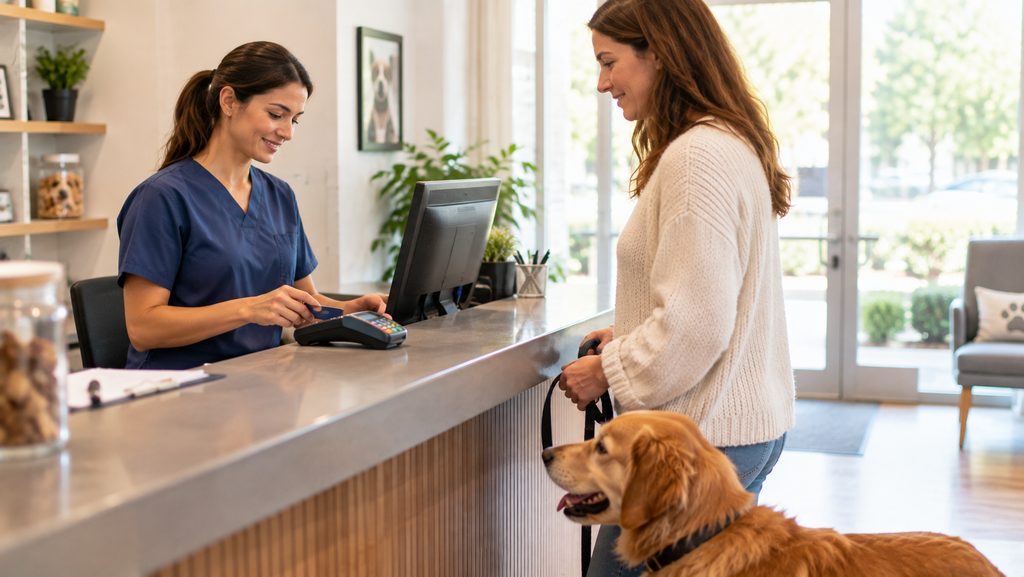 Veterinary receptionist processing payment while a dog owner waits with their dog