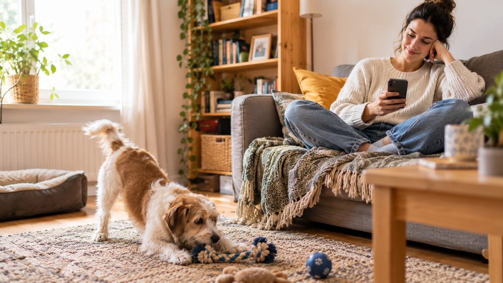 Small dog playing in a living room while its owner watches from the couch